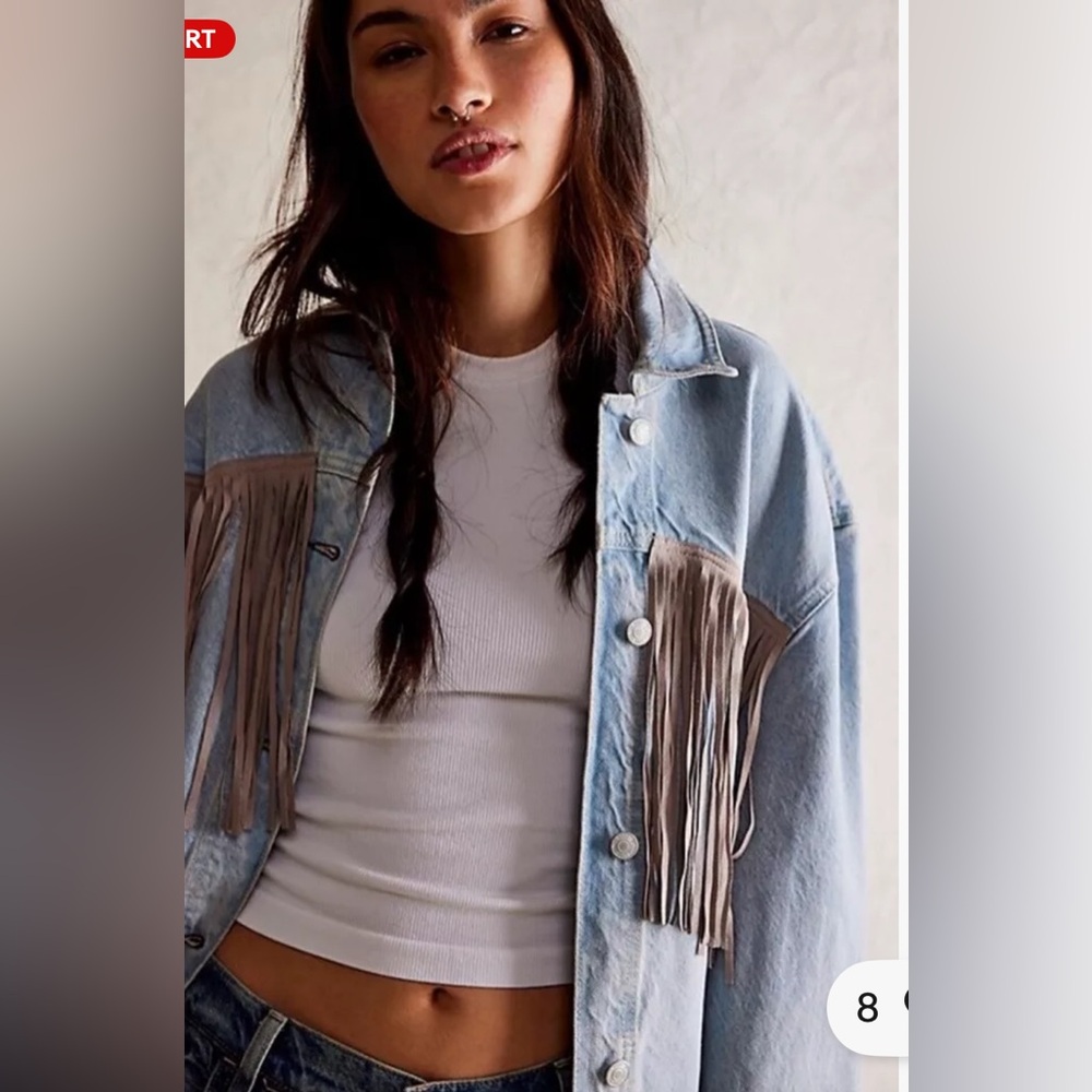 Fringed Light Wash Denim Jacket - Blue